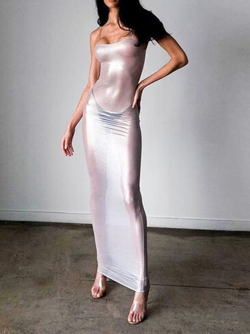 Women See Through Sheer Mesh Maxi Dress Swimsuit Cover Up Backless Split Bodycon Long Dress Beach Party in Kuwait