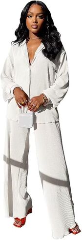 مجموعة ملابس Fastkoala المثيرة المكونة من قطعتين للنساء، كاجوال بأكمام طويلة وأزرار سفلية، مجموعة بدلات رياضية واسعة الساق in Kuwait