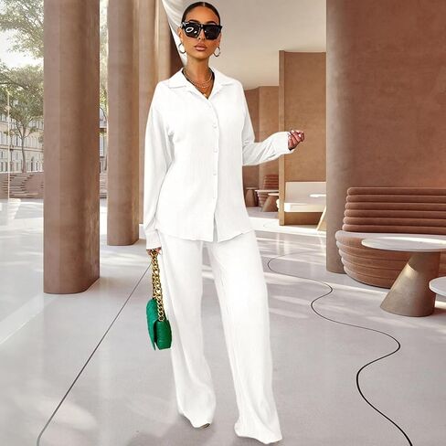 مجموعة ملابس Fastkoala المثيرة المكونة من قطعتين للنساء، كاجوال بأكمام طويلة وأزرار سفلية، مجموعة بدلات رياضية واسعة الساق in Kuwait