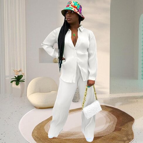 مجموعة ملابس Fastkoala المثيرة المكونة من قطعتين للنساء، كاجوال بأكمام طويلة وأزرار سفلية، مجموعة بدلات رياضية واسعة الساق in Kuwait