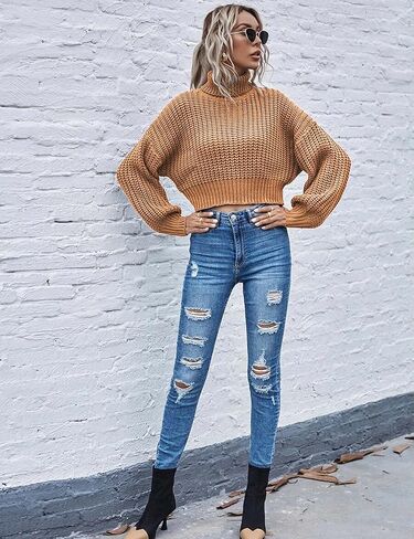 Chigant المرأة الياقة المدورة متماسكة البلوزات عادية فانوس كم طويل البلوز اقتصاص لطيف البلوز قطرة الكتف الأعلى in Kuwait