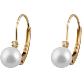Handpicked AAA+ 5-5.5mm White Round Freshwater Cultured Pearls and Diamonds 0.02 cttw in 14K Gold Lever-back Huggie Ball Earrings
