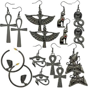 RechicGu 8 Pairs Women Girls Egyptian Ancient Costume Dangle Set Earrings Cross Snake Hoop Studs Drop Vintage Jewelry Accessory Statement in Kuwait