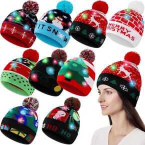 Eurzom 9 Pieces LED Christmas Beanie Hats Unisex Xmas Christmas Tree Snowman Knitted Hat Sweater Ugly Party Hat for Kids Adults in Saudi Arabia