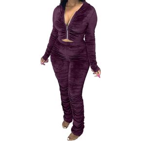 CCIGO Women's Long Sleeve Tracksuit Set 2 Piece Velvet Ruffled Zip-up Crop Top Sweatshirt and Jogger Pants Outfits