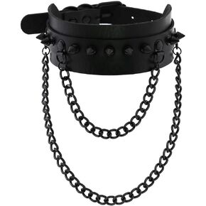 FM FM42 Unisex Multicolor Simulated Leather PU Black-Tone Rivets Spike Spiked 2 Layer Chains Choker Collar Necklace