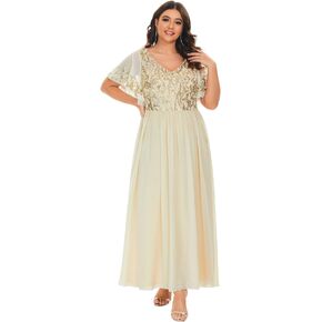 Ever-Pretty Plus Women's Plus Size Double V-Neck Ruffles Sleeves Sequin Appliques Maxi Chiffon Formal Dresses 01583-DA