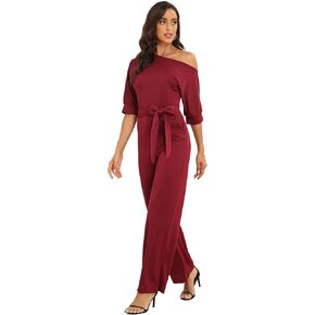 Ins Fall Jumpsuits- Red - Loose, Casual, Dressy, Off-Shoulder, One Piece, Wide Leg, Elastic Waist, Stretchy, 3/4 Sleeve in Saudi Arabia