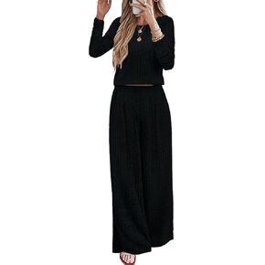 Ybenlow طقم صالة نسائي مكون من قطعتين بيجامات وأكمام طويلة مضلع متماسكة قطع علوية فضفاضة بنطال ذو قصة أرجل واسعة بدلة رياضية غير رسمية in Kuwait