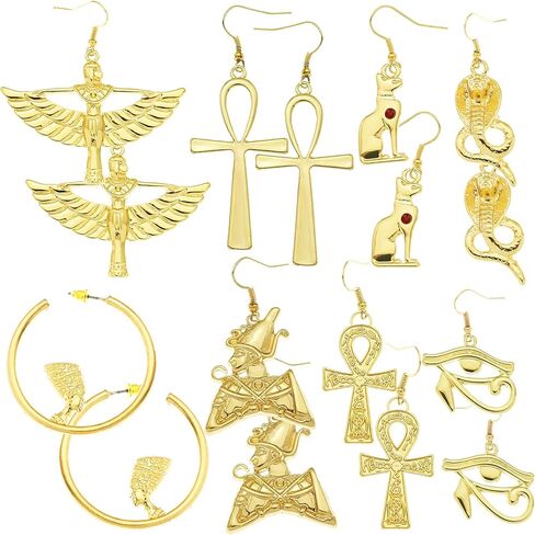 RechicGu 8 Pairs Women Girls Egyptian Ancient Costume Dangle Set Earrings Cross Snake Hoop Studs Drop Vintage Jewelry Accessory Statement in Saudi Arabia