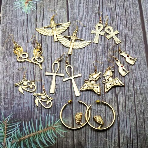 RechicGu 8 Pairs Women Girls Egyptian Ancient Costume Dangle Set Earrings Cross Snake Hoop Studs Drop Vintage Jewelry Accessory Statement in Saudi Arabia