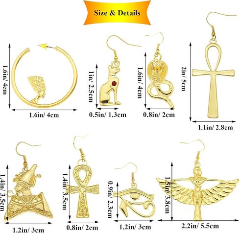 RechicGu 8 Pairs Women Girls Egyptian Ancient Costume Dangle Set Earrings Cross Snake Hoop Studs Drop Vintage Jewelry Accessory Statement in Saudi Arabia