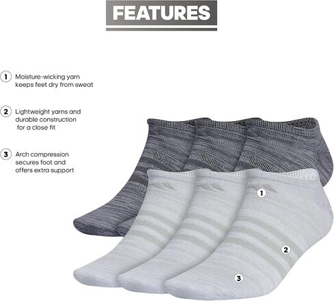 adidas Men's Superlite No Show Socks with Arch Compression (6-Pair), White/Wonder Silver/Onix Grey, Large in Saudi Arabia