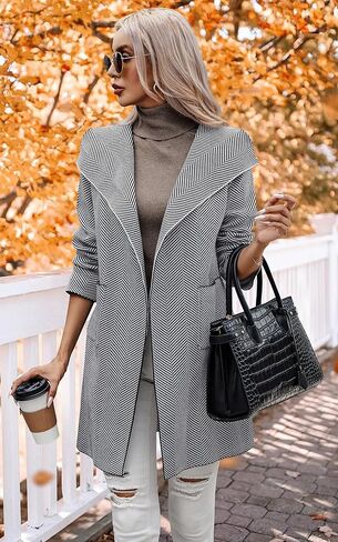 سترة صوفية نسائية من ECOWISH - خريف 2023 سترة متماسكة وأكمام طويلة مخططة غير رسمية مفتوحة من الأمام سترة معطف in Kuwait