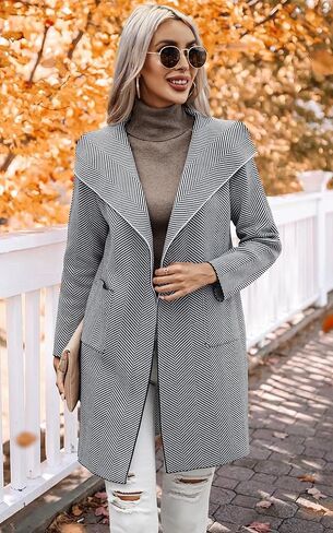 سترة صوفية نسائية من ECOWISH - خريف 2023 سترة متماسكة وأكمام طويلة مخططة غير رسمية مفتوحة من الأمام سترة معطف in Kuwait