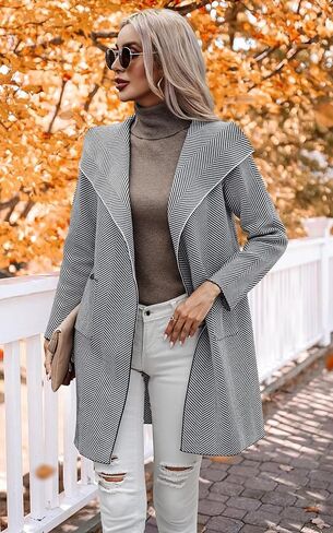 سترة صوفية نسائية من ECOWISH - خريف 2023 سترة متماسكة وأكمام طويلة مخططة غير رسمية مفتوحة من الأمام سترة معطف in Kuwait