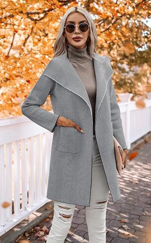 سترة صوفية نسائية من ECOWISH - خريف 2023 سترة متماسكة وأكمام طويلة مخططة غير رسمية مفتوحة من الأمام سترة معطف in Kuwait