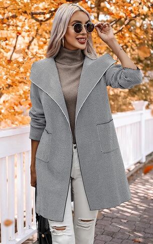 سترة صوفية نسائية من ECOWISH - خريف 2023 سترة متماسكة وأكمام طويلة مخططة غير رسمية مفتوحة من الأمام سترة معطف in Kuwait