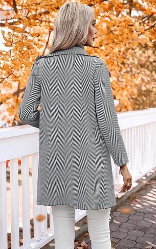 سترة صوفية نسائية من ECOWISH - خريف 2023 سترة متماسكة وأكمام طويلة مخططة غير رسمية مفتوحة من الأمام سترة معطف in Kuwait