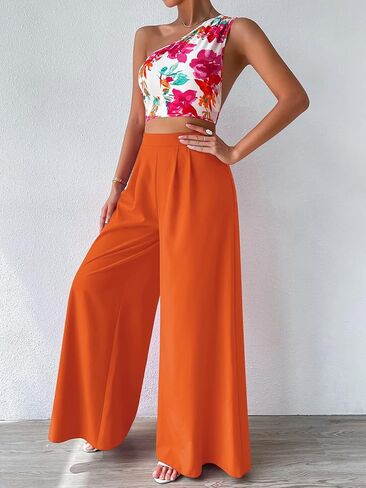 طقم سروال نسائي طويل بكتف واحد وساق واسعة من Floerns مكون من قطعتين in Kuwait