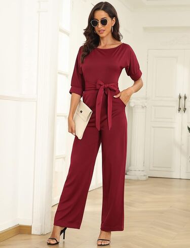 Ins Fall Jumpsuits- Red - Loose, Casual, Dressy, Off-Shoulder, One Piece, Wide Leg, Elastic Waist, Stretchy, 3/4 Sleeve in Saudi Arabia