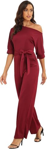 Ins Fall Jumpsuits- Red - Loose, Casual, Dressy, Off-Shoulder, One Piece, Wide Leg, Elastic Waist, Stretchy, 3/4 Sleeve in Saudi Arabia