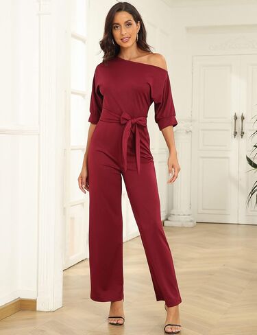 Ins Fall Jumpsuits- Red - Loose, Casual, Dressy, Off-Shoulder, One Piece, Wide Leg, Elastic Waist, Stretchy, 3/4 Sleeve in Saudi Arabia
