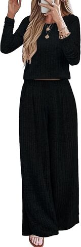 Ybenlow طقم صالة نسائي مكون من قطعتين بيجامات وأكمام طويلة مضلع متماسكة قطع علوية فضفاضة بنطال ذو قصة أرجل واسعة بدلة رياضية غير رسمية in Kuwait