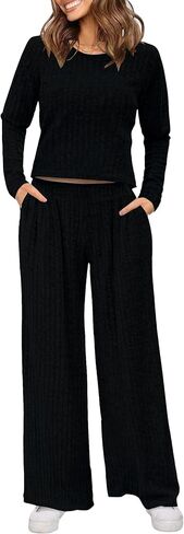 Ybenlow طقم صالة نسائي مكون من قطعتين بيجامات وأكمام طويلة مضلع متماسكة قطع علوية فضفاضة بنطال ذو قصة أرجل واسعة بدلة رياضية غير رسمية in Kuwait