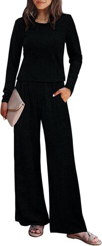 Ybenlow طقم صالة نسائي مكون من قطعتين بيجامات وأكمام طويلة مضلع متماسكة قطع علوية فضفاضة بنطال ذو قصة أرجل واسعة بدلة رياضية غير رسمية in Kuwait