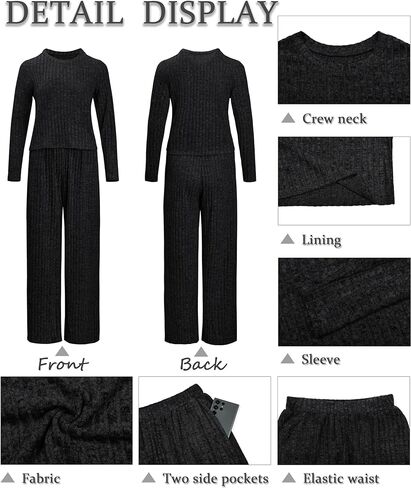 Ybenlow طقم صالة نسائي مكون من قطعتين بيجامات وأكمام طويلة مضلع متماسكة قطع علوية فضفاضة بنطال ذو قصة أرجل واسعة بدلة رياضية غير رسمية in Kuwait