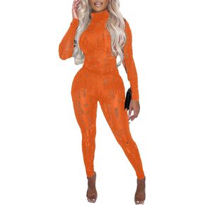 MESLIMA Women's Sexy Solid Two Piece Outfits Hollow Out Long Sleeve Crop Top Bodycon Pants Sets Tracksuit in Kuwait