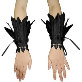 Scemrúil Real Nature Feather Cuffs Black Floral Lace Wristband Halloween Cosplay Costume Pack of 2