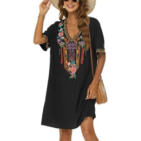 Grosy Women's Embroidered Mexican Peasant Dresses, Plus Size Fiesta Boho Dress for Women, Traditional Floral Bohemian Tunic in Saudi Arabia