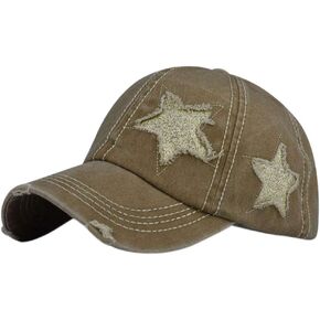 Belsen Star Embroidery Ponytail Baseball Cap Washed Cotton Distressed Trucker Hat