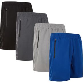 Essential Elements Men’s Modern Fit Active Shorts with Zipper Pockets - 4 Pack, Moisture-Wicking, Quick-Dry Running Shorts