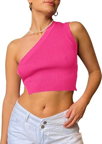 SAFRISIOR Women One Shoulder Backless Knitted Crop Top Sexy Sleeveless Strappy Open Back Cami Tank Tops in Kuwait