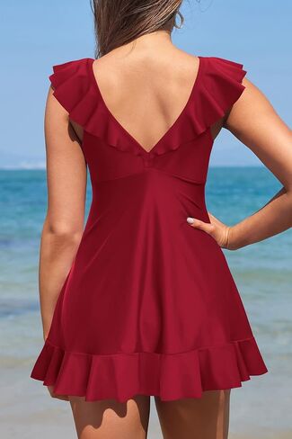 SHEKINI Women's V Neck One Piece Swimdress Ruffle Trim Skirted Bathing Suits in Kuwait
