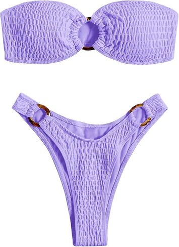 WDIRARA Women's 2 Piece Strapless Smocked Ring Bandeau Bikini Set Swimsuit Bathing Suits in Kuwait