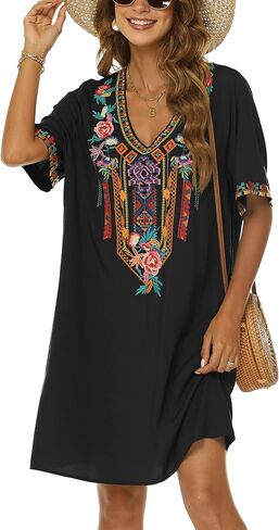 Grosy Women's Embroidered Mexican Peasant Dresses, Plus Size Fiesta Boho Dress for Women, Traditional Floral Bohemian Tunic in Kuwait