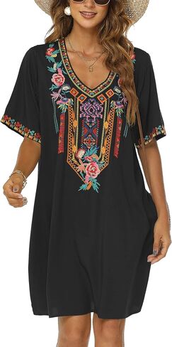 Grosy Women's Embroidered Mexican Peasant Dresses, Plus Size Fiesta Boho Dress for Women, Traditional Floral Bohemian Tunic in Kuwait