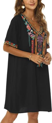 Grosy Women's Embroidered Mexican Peasant Dresses, Plus Size Fiesta Boho Dress for Women, Traditional Floral Bohemian Tunic in Kuwait