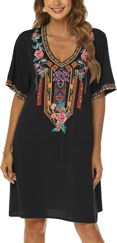 Grosy Women's Embroidered Mexican Peasant Dresses, Plus Size Fiesta Boho Dress for Women, Traditional Floral Bohemian Tunic in Kuwait