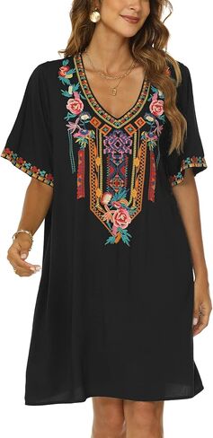 Grosy Women's Embroidered Mexican Peasant Dresses, Plus Size Fiesta Boho Dress for Women, Traditional Floral Bohemian Tunic in Kuwait