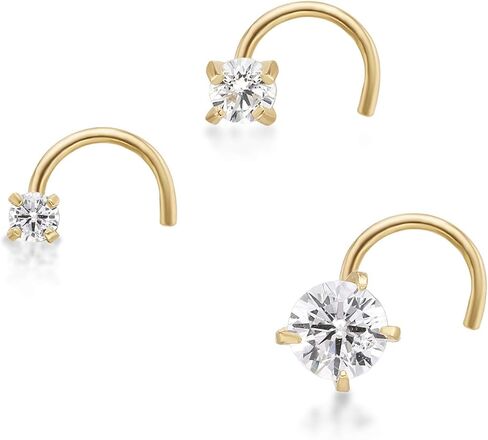 22 Gauge Cubic Zirconia Twist Stud Nose Ring Set in 14k White or Yellow Gold - 1.5 mm, 2 mm, 2.5 mm by Lavari Jewelers in Saudi Arabia