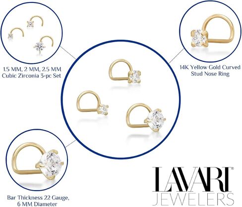22 Gauge Cubic Zirconia Twist Stud Nose Ring Set in 14k White or Yellow Gold - 1.5 mm, 2 mm, 2.5 mm by Lavari Jewelers in Saudi Arabia