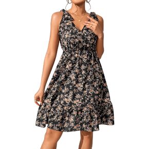 SweatyRocks Women's Wrap V Neck Floral Print Tie Shoulder Boho Ruffle Flowy A Line Dresses