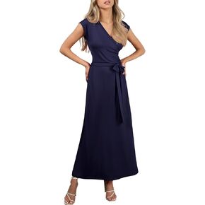 NINEXIS Women's V-Neck Cap Sleeve Waist Wrap Front Maxi Dress