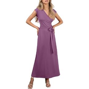 NINEXIS Women's V-Neck Cap Sleeve Waist Wrap Front Maxi Dress
