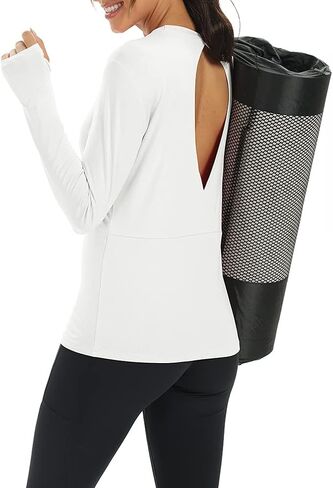 قمصان Mippo للتمرين بأكمام طويلة للنساء، قمصان فضفاضة مفتوحة الظهر مع فتحة للإبهام in Kuwait